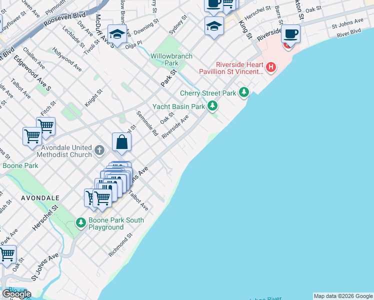 map of restaurants, bars, coffee shops, grocery stores, and more near 1848 Elizabeth Place in Jacksonville