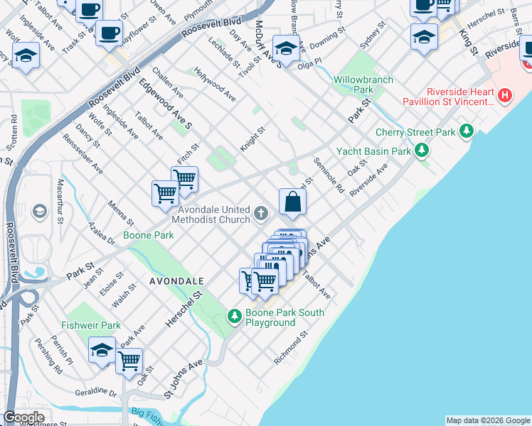 map of restaurants, bars, coffee shops, grocery stores, and more near 3523 Herschel Street in Jacksonville