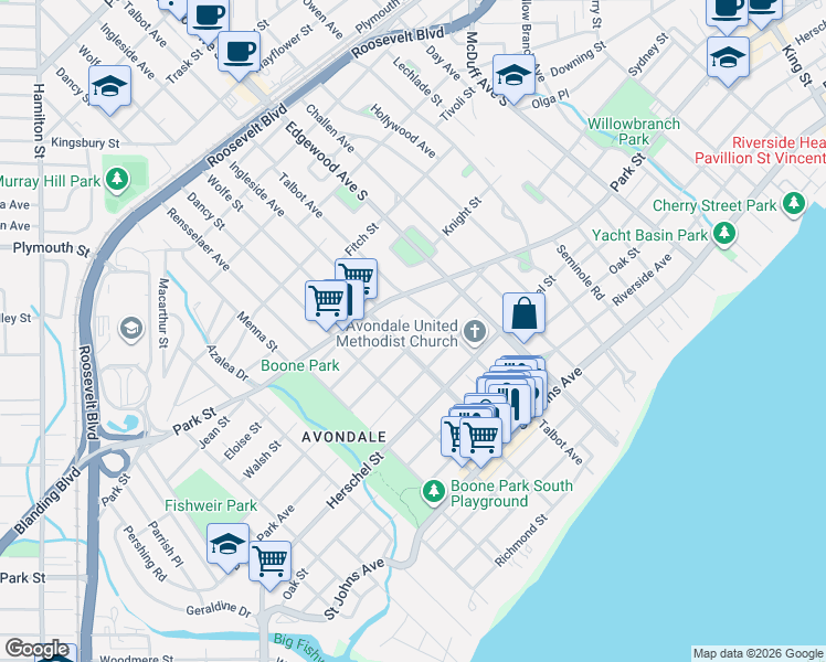 map of restaurants, bars, coffee shops, grocery stores, and more near 1557 Ingleside Avenue in Jacksonville