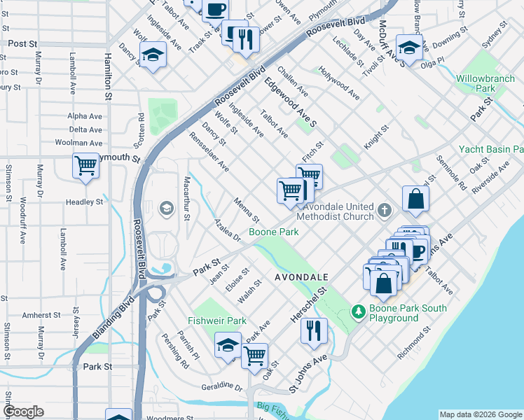 map of restaurants, bars, coffee shops, grocery stores, and more near 1422 Rensselaer Avenue in Jacksonville