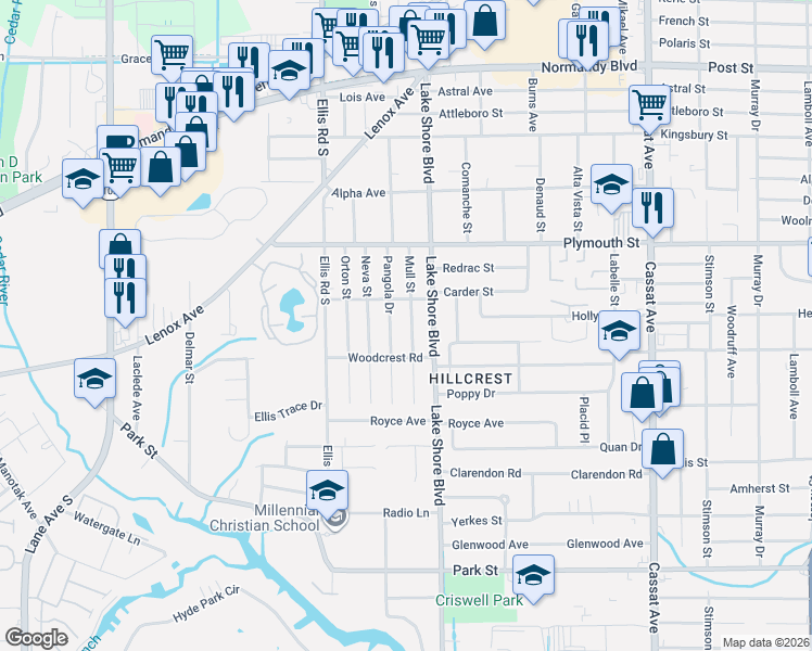 map of restaurants, bars, coffee shops, grocery stores, and more near 1274 Lake Shore Boulevard in Jacksonville