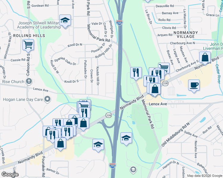 map of restaurants, bars, coffee shops, grocery stores, and more near 7435 Skye Drive South in Jacksonville