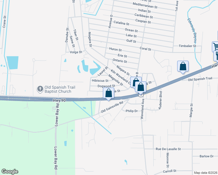 map of restaurants, bars, coffee shops, grocery stores, and more near 200-298 Camellia Street in Waveland