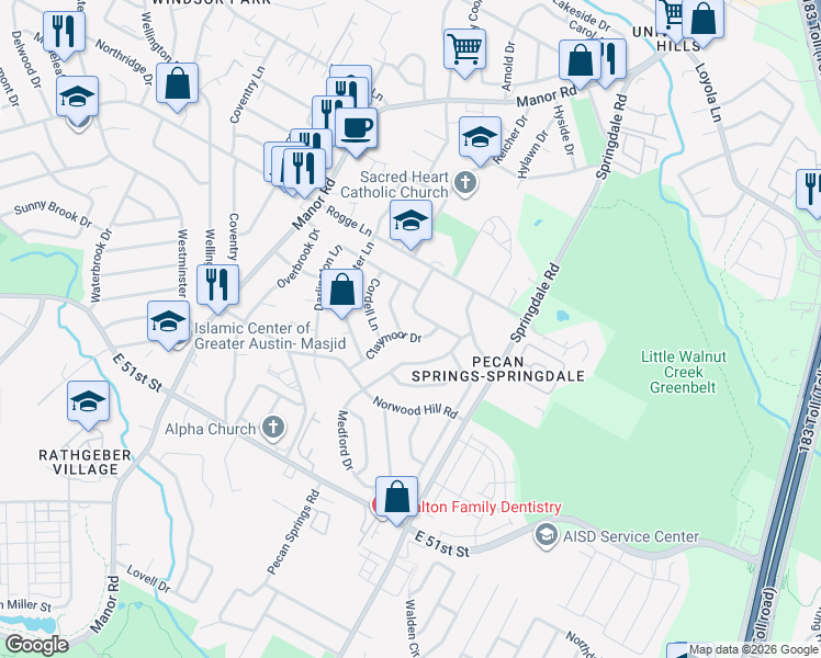 map of restaurants, bars, coffee shops, grocery stores, and more near 5509 Claymoor Drive in Austin