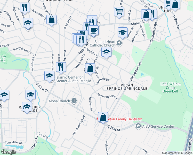 map of restaurants, bars, coffee shops, grocery stores, and more near 5405 Chevy Circle in Austin