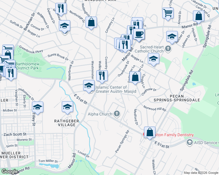 map of restaurants, bars, coffee shops, grocery stores, and more near 5303 Overbrook Drive in Austin