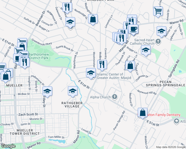map of restaurants, bars, coffee shops, grocery stores, and more near 5202 Old Manor Road in Austin