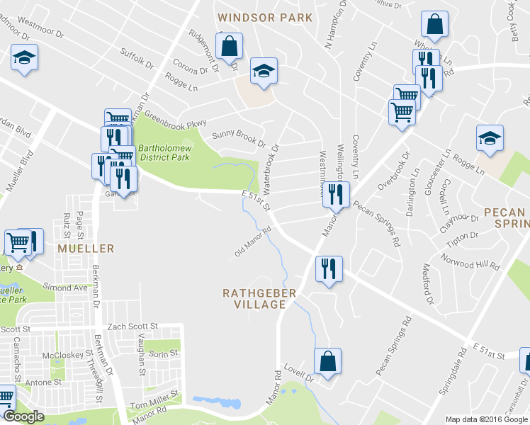 map of restaurants, bars, coffee shops, grocery stores, and more near 2215 East 51st Street in Austin