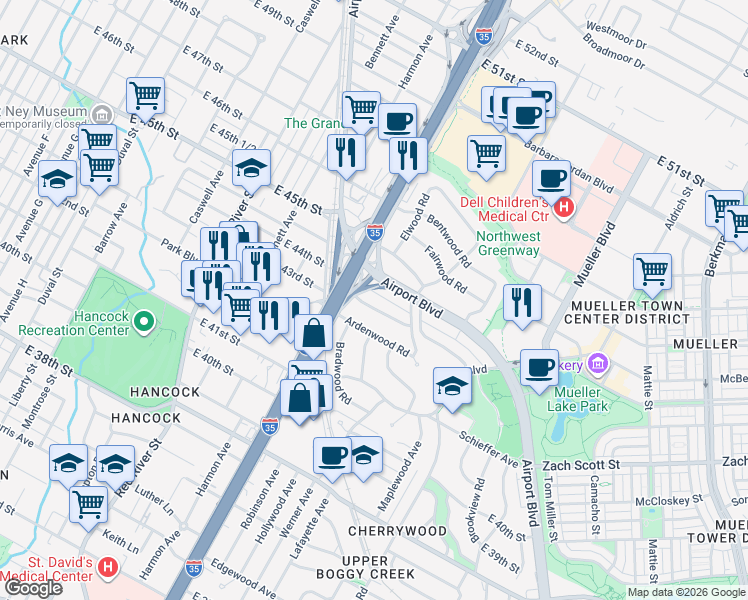 map of restaurants, bars, coffee shops, grocery stores, and more near 1206 Crestwood Road in Austin