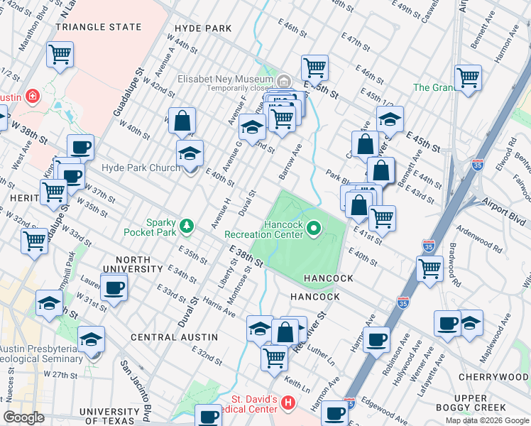 map of restaurants, bars, coffee shops, grocery stores, and more near 507 East 39th Street in Austin