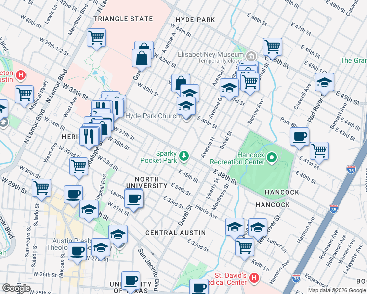 map of restaurants, bars, coffee shops, grocery stores, and more near 209 East 38th Street in Austin