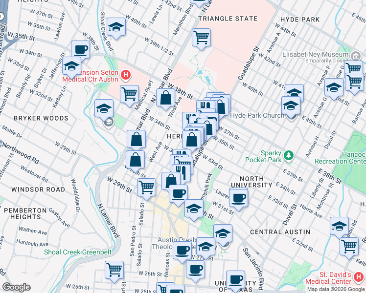 map of restaurants, bars, coffee shops, grocery stores, and more near 612 West 32nd Street in Austin