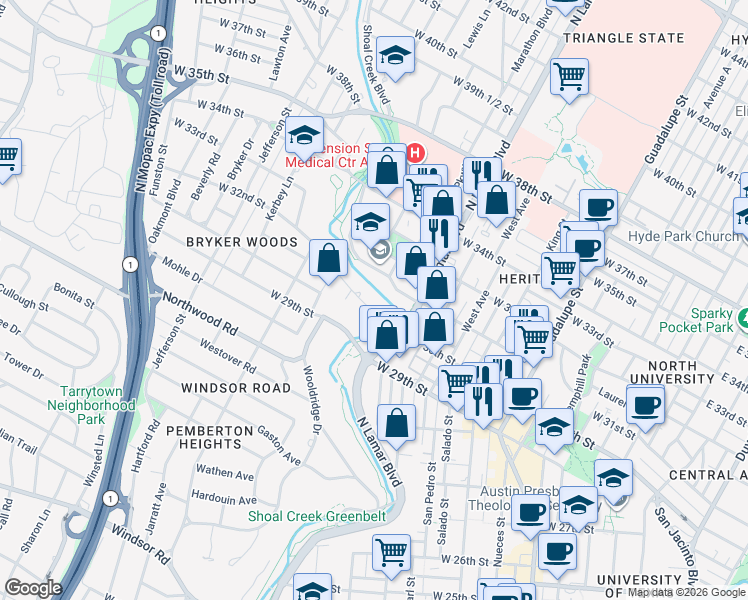 map of restaurants, bars, coffee shops, grocery stores, and more near 1102 Belmont Parkway in Austin