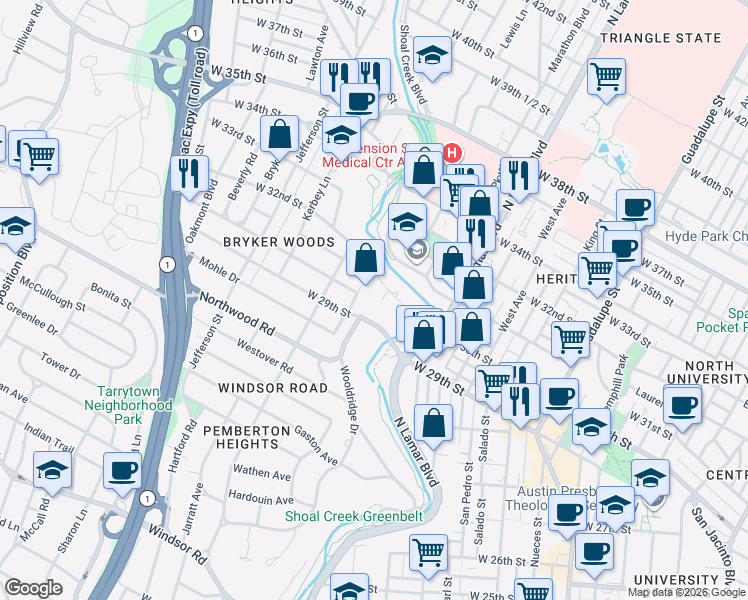 map of restaurants, bars, coffee shops, grocery stores, and more near 2901 Oakhurst Avenue in Austin