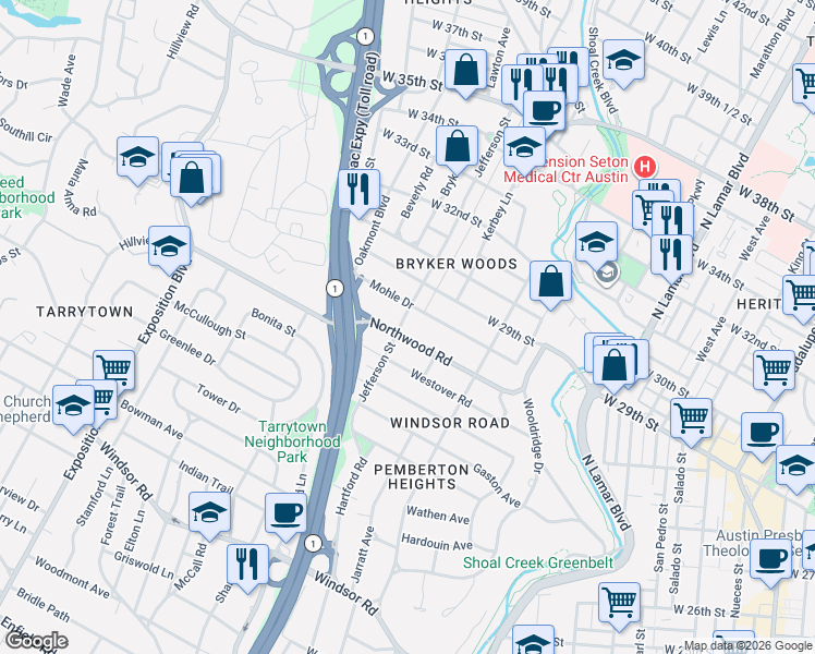 map of restaurants, bars, coffee shops, grocery stores, and more near 1701 Northwood Road in Austin