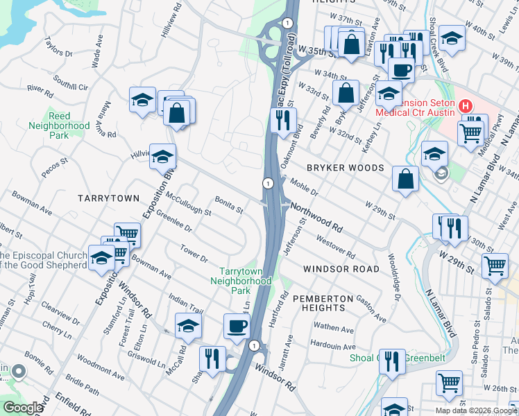 map of restaurants, bars, coffee shops, grocery stores, and more near 37 Margranita Crescent in Austin