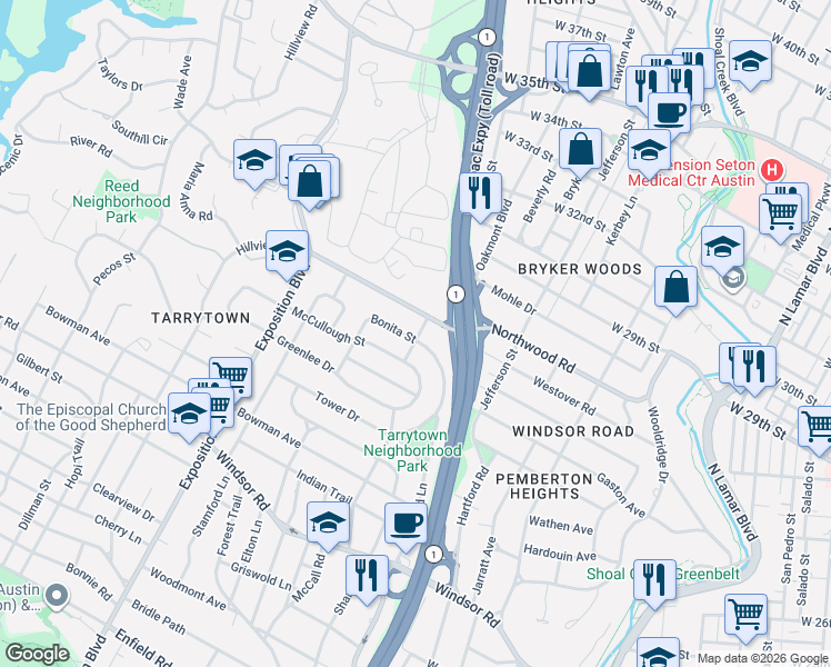 map of restaurants, bars, coffee shops, grocery stores, and more near 37 Margranita Crescent in Austin