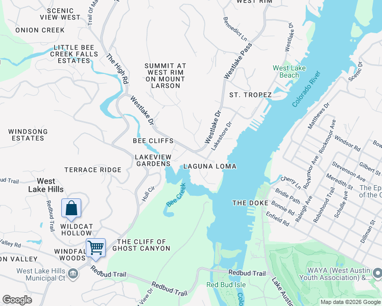 map of restaurants, bars, coffee shops, grocery stores, and more near 107 Laguna Vista Drive in Austin