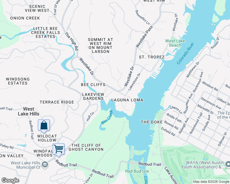 map of restaurants, bars, coffee shops, grocery stores, and more near 107 Laguna Vista Drive in Austin