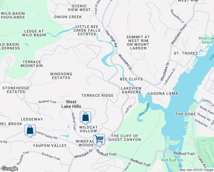 map of restaurants, bars, coffee shops, grocery stores, and more near 1509 Wildcat Hollow in West Lake Hills