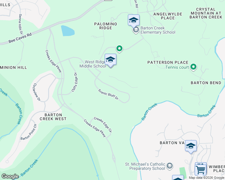 map of restaurants, bars, coffee shops, grocery stores, and more near 9273 Scenic Bluff Drive in Austin
