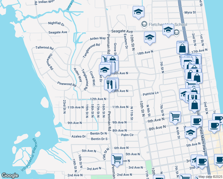 map of restaurants, bars, coffee shops, grocery stores, and more near 1301 Penman Road in Jacksonville Beach