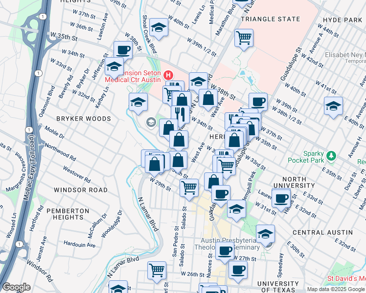 map of restaurants, bars, coffee shops, grocery stores, and more near 3108 West Avenue in Austin