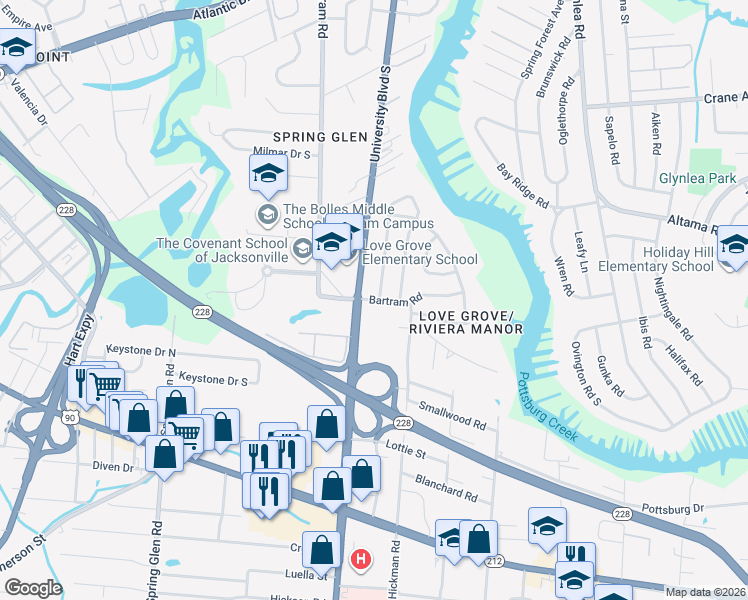map of restaurants, bars, coffee shops, grocery stores, and more near 6032 Bartram Road in Jacksonville
