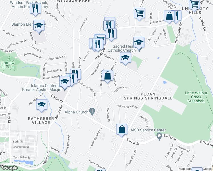 map of restaurants, bars, coffee shops, grocery stores, and more near 5402 Chevy Circle in Austin