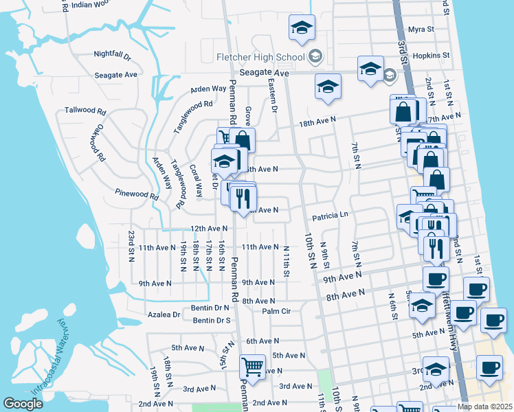 map of restaurants, bars, coffee shops, grocery stores, and more near 1305 13th Avenue North in Jacksonville Beach