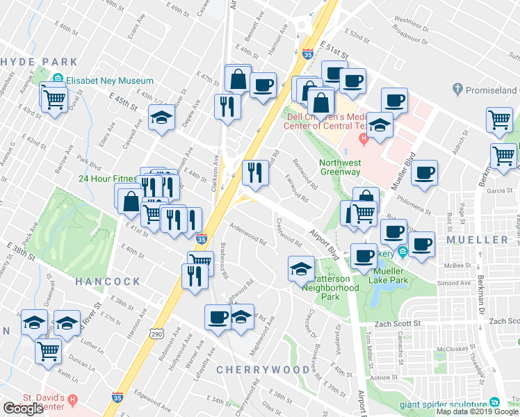 map of restaurants, bars, coffee shops, grocery stores, and more near 4404 Airport Boulevard in Austin