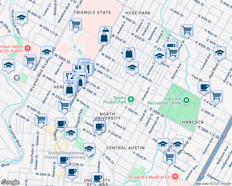map of restaurants, bars, coffee shops, grocery stores, and more near 3704 Speedway in Austin