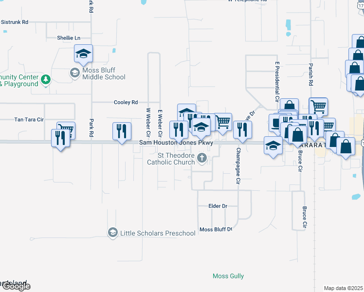 map of restaurants, bars, coffee shops, grocery stores, and more near 869 Sam Houston Jones Parkway in Moss Bluff