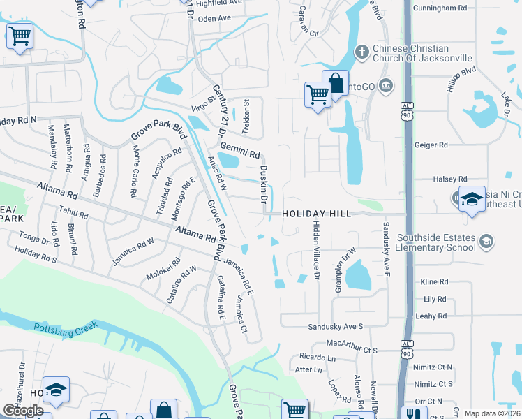 map of restaurants, bars, coffee shops, grocery stores, and more near 8446 Capricorn Street in Jacksonville