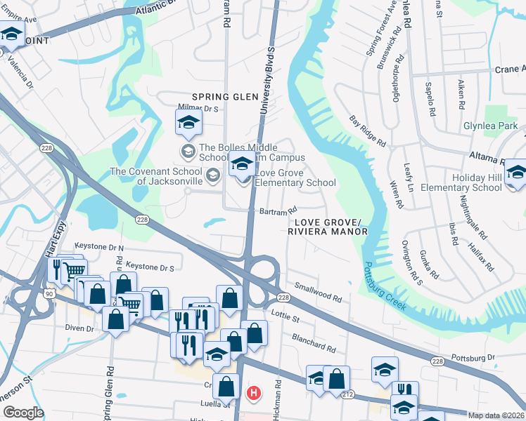 map of restaurants, bars, coffee shops, grocery stores, and more near 6032 Bartram Road in Jacksonville