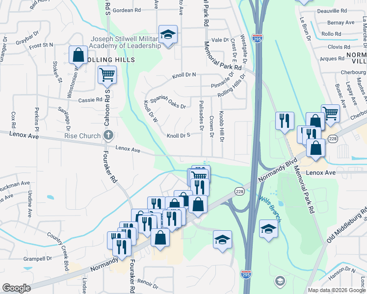 map of restaurants, bars, coffee shops, grocery stores, and more near 7779 Lenox Avenue in Jacksonville