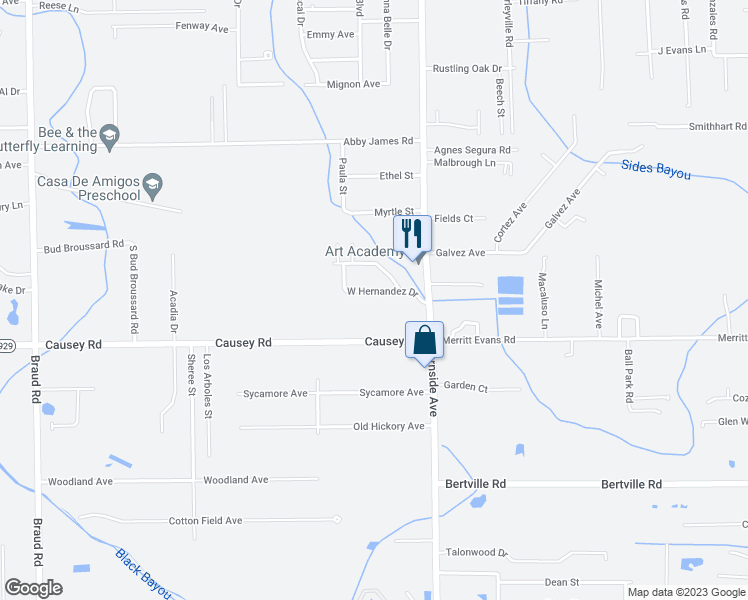 map of restaurants, bars, coffee shops, grocery stores, and more near 40468 Causey Road in Prairieville