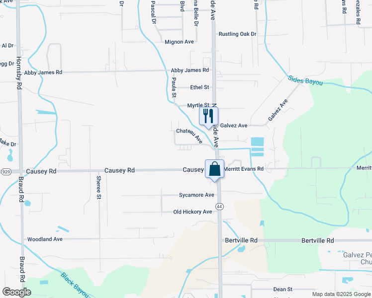 map of restaurants, bars, coffee shops, grocery stores, and more near 40468 Causey Road in Prairieville