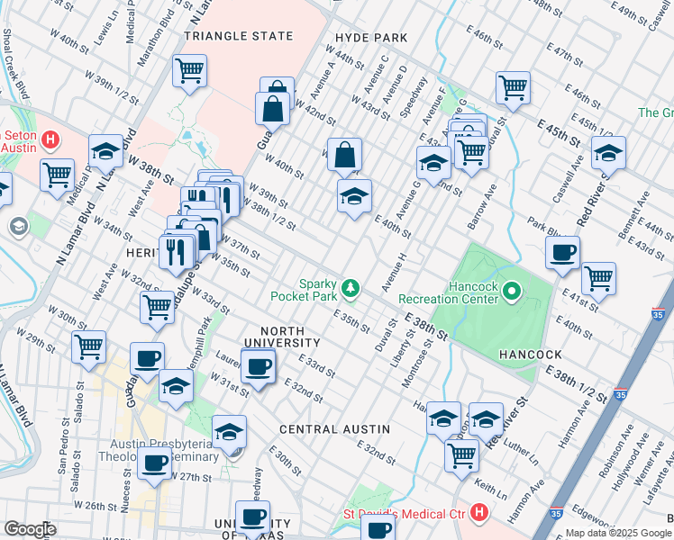 map of restaurants, bars, coffee shops, grocery stores, and more near 209 East 38th Street in Austin