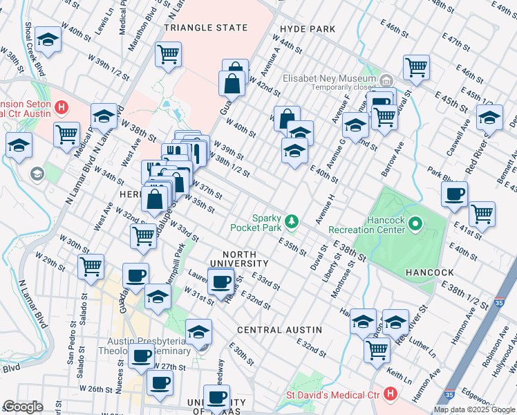 map of restaurants, bars, coffee shops, grocery stores, and more near 3506 Speedway in Austin