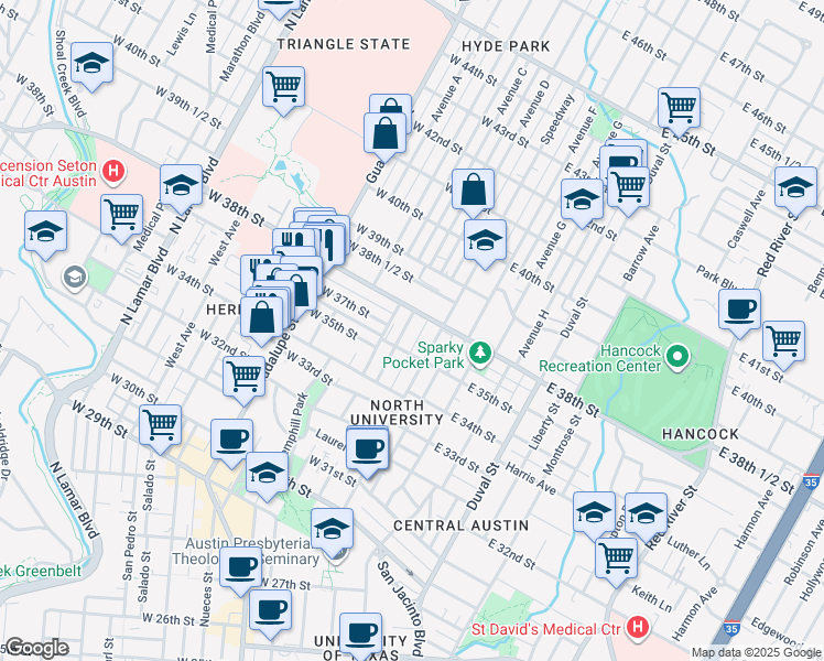 map of restaurants, bars, coffee shops, grocery stores, and more near 3701 Cedar Street in Austin
