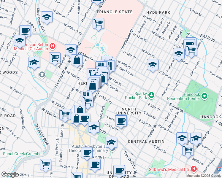map of restaurants, bars, coffee shops, grocery stores, and more near 408 West 34th Street in Austin
