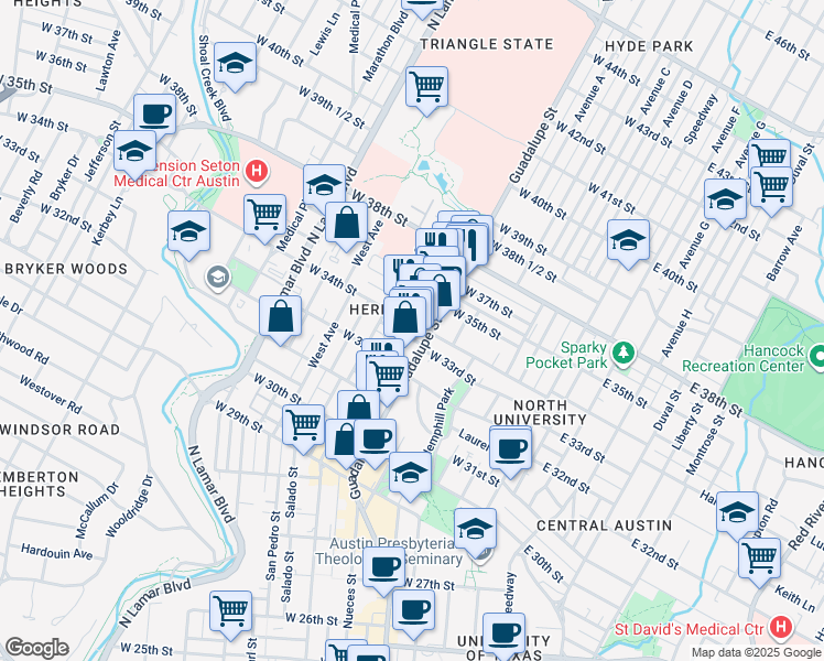 map of restaurants, bars, coffee shops, grocery stores, and more near in Austin