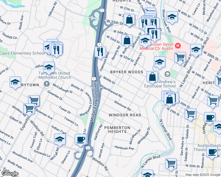 map of restaurants, bars, coffee shops, grocery stores, and more near 1701 Northwood Road in Austin