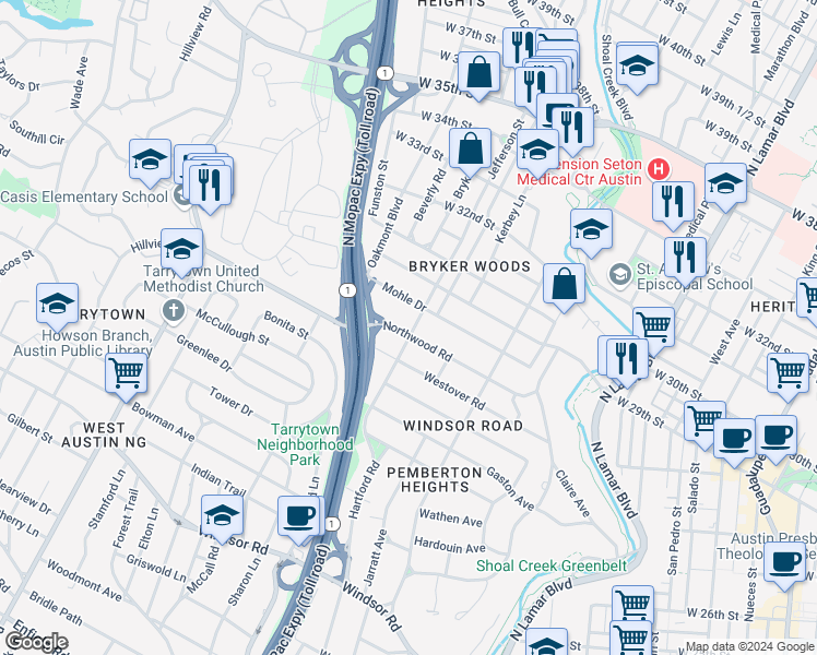 map of restaurants, bars, coffee shops, grocery stores, and more near 1700 Northwood Road in Austin