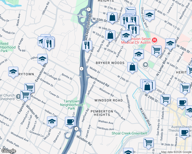map of restaurants, bars, coffee shops, grocery stores, and more near 1701 Northwood Road in Austin