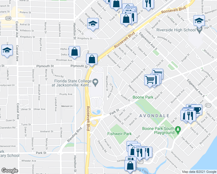 map of restaurants, bars, coffee shops, grocery stores, and more near 1321 Macarthur St in Jacksonville