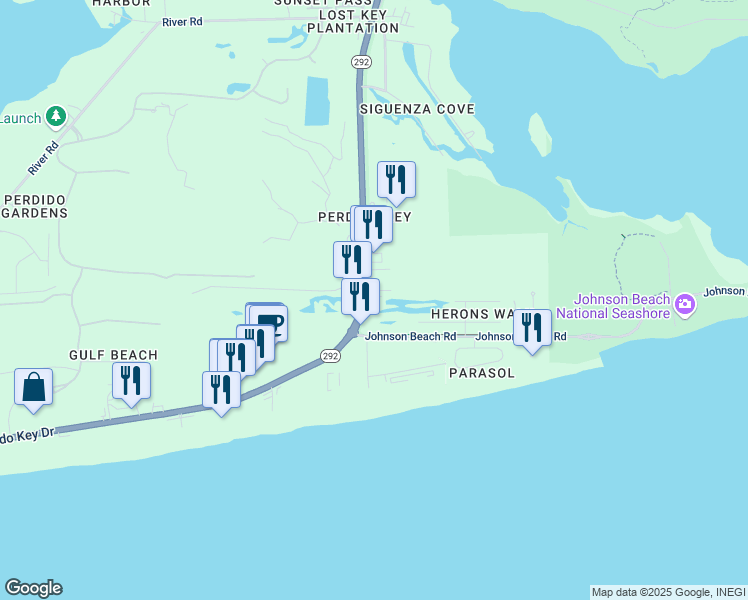 map of restaurants, bars, coffee shops, grocery stores, and more near 13587 Perdido Key Drive in Pensacola