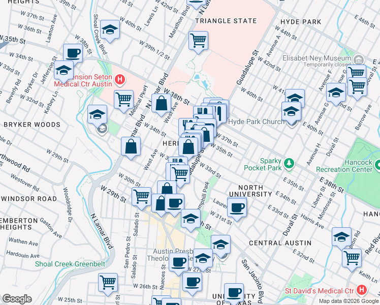 map of restaurants, bars, coffee shops, grocery stores, and more near None in Austin