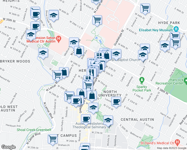 map of restaurants, bars, coffee shops, grocery stores, and more near in Austin